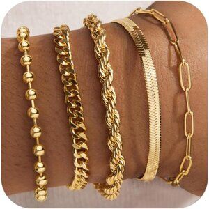 🆕 Poxtex Multilayer Trendy Bracelets Women Gold 14K Snake Rope Figaro Satellite